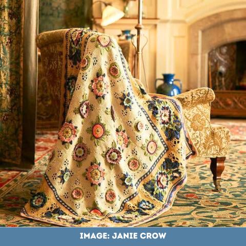 Parchment and Caramel colourway of the Fruit Garden Blanket by Janie Crow