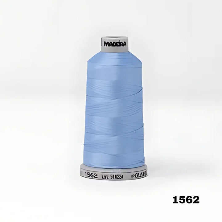 Spool of light blue thread with Maderia branding on a white background