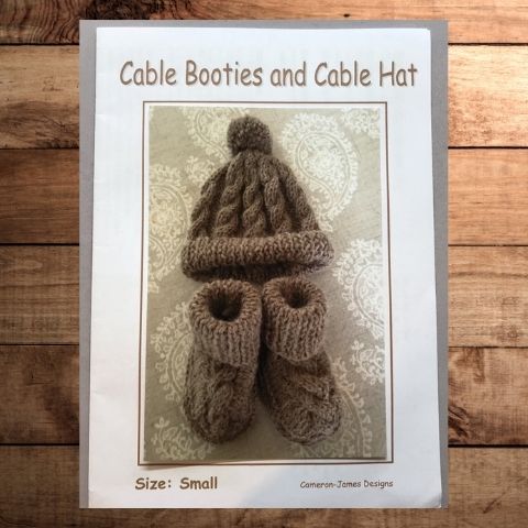 Cable Booties and Cable Hat pattern with sheepskin soles